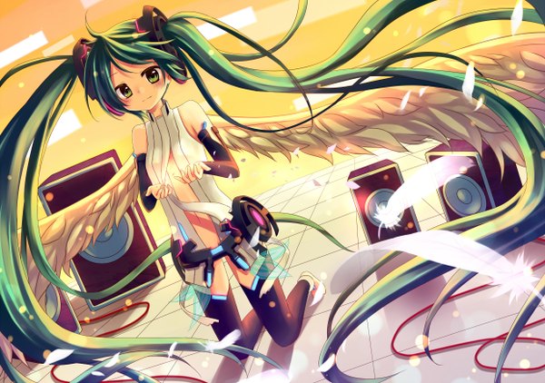 Anime picture 2480x1748 with vocaloid vocaloid append hatsune miku hatsune miku (append) tagme (artist) highres twintails green eyes green hair girl wings feather (feathers)