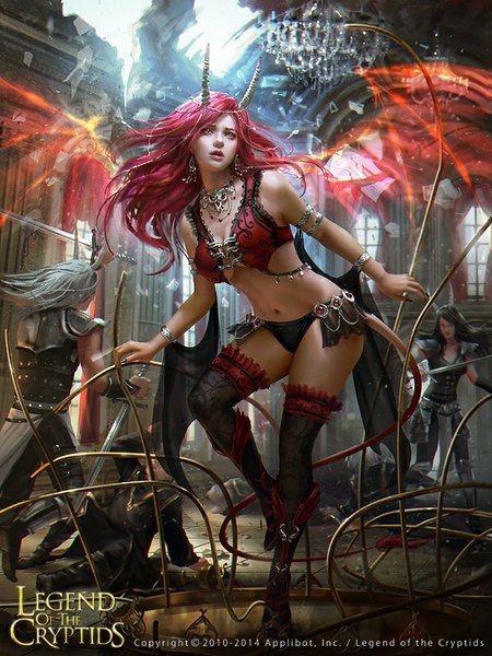 Anime picture 660x880 with legend of the cryptids fiorentina laura sava (anotherwanderer) long hair tall image breasts blue eyes light erotic black hair standing bent knee (knees) red hair indoors tail nail polish parted lips horn (horns) fingernails wind lips