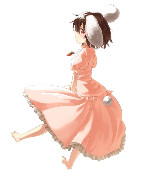Anime picture 1200x1500 with touhou inaba tewi ibuki notsu single tall image looking at viewer blush short hair simple background red eyes brown hair white background animal ears tail animal tail profile barefoot bunny ears bunny girl bunny tail