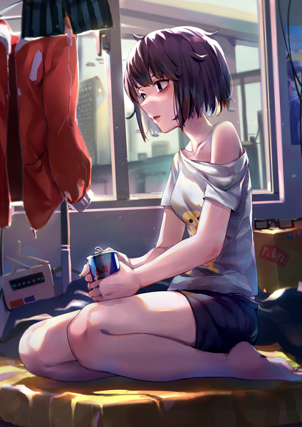 Anime picture 2894x4093 with original red bull mr.lime single tall image fringe highres short hair open mouth sitting purple eyes holding looking away purple hair full body indoors profile barefoot blurry short sleeves
