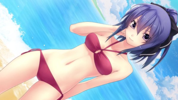 Anime picture 1200x678 with love application hirano katsuyuki single looking at viewer fringe short hair light erotic hair between eyes wide image standing purple eyes purple hair cloud (clouds) outdoors head tilt arm up dutch angle horizon girl navel