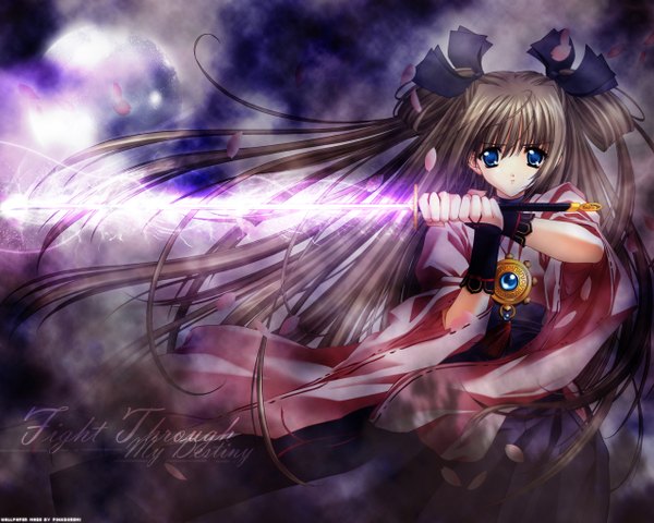 Anime picture 1280x1024 with push!! carnelian single long hair looking at viewer fringe blue eyes brown hair standing holding wind wide sleeves glowing third-party edit serious jpeg artifacts glowing weapon girl hair ornament weapon