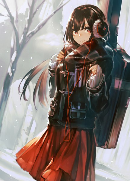 Anime picture 705x980 with original garuku single long hair tall image looking at viewer fringe smile hair between eyes red eyes brown hair outdoors mole mole under eye sleeves past wrists snowing winter snow exhalation bare tree
