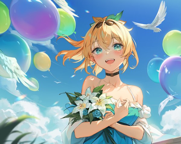 Anime picture 1280x1020 with virtual youtuber hololive kazama iroha 1991 (blz) single looking at viewer blush fringe short hair open mouth blonde hair smile hair between eyes bare shoulders sky cloud (clouds) upper body outdoors :d aqua eyes