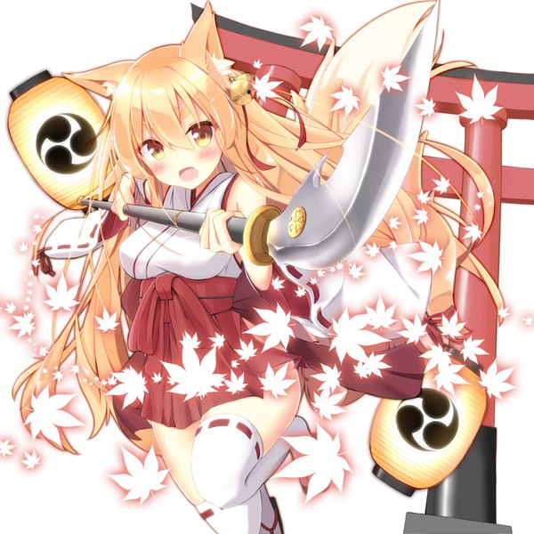 Anime picture 1000x1000 with original mirea single long hair looking at viewer blush fringe open mouth light erotic simple background blonde hair hair between eyes standing white background bare shoulders holding animal ears yellow eyes payot bent knee (knees)