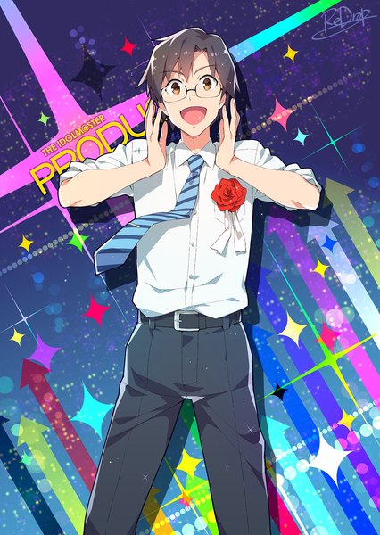 Anime picture 1280x1801 with idolmaster producer (idolmaster anime) redrop single tall image looking at viewer fringe short hair open mouth black hair smile standing brown eyes signed :d arms up sparkle copyright name character names striped