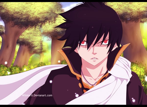 Anime picture 2617x1900 with fairy tail zeref wilmarti single highres short hair black hair red eyes sky cloud (clouds) coloring portrait boy plant (plants) tree (trees) scarf cloak