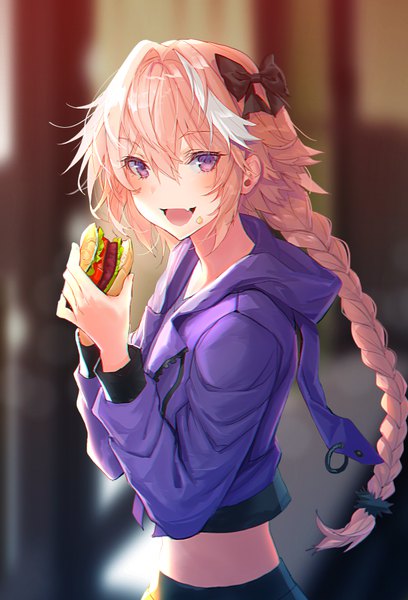 Anime picture 616x906 with fate (series) fate/grand order fate/apocrypha astolfo (fate) lloule single long hair tall image looking at viewer blush fringe open mouth hair between eyes standing purple eyes holding pink hair braid (braids) multicolored hair two-tone hair