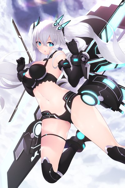 Anime-Bild 900x1350 mit choujigen game neptune black heart cait single long hair tall image blush fringe breasts open mouth blue eyes light erotic hair between eyes twintails looking away sky cloud (clouds) bent knee (knees) outdoors white hair