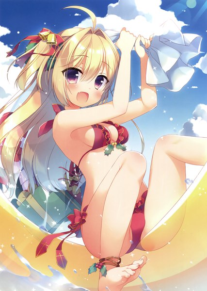 Anime picture 2494x3500 with original sazaki ichiri single long hair tall image looking at viewer blush highres breasts open mouth light erotic blonde hair purple eyes sky cloud (clouds) ahoge scan christmas hair bell afloat