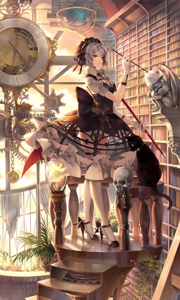 Anime picture 1000x1661 with iron saga judith (iron saga) neko (yanshoujie) single tall image fringe short hair red eyes standing looking away cloud (clouds) full body indoors grey hair sunlight high heels puffy sleeves gargoyle girl thighhighs