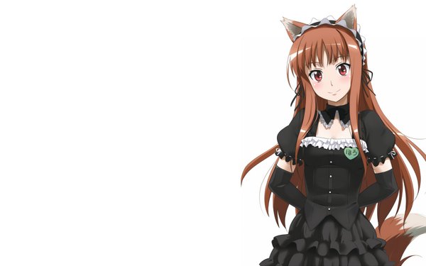 Anime picture 1680x1050 with spice and wolf horo single long hair blush red eyes brown hair wide image standing white background animal ears tail light smile maid wolf ears wolf tail wolf girl girl suit