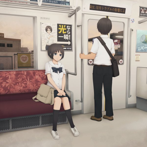 Anime picture 1200x1200 with original yajirushi (chanoma) short hair black hair sitting black eyes train interior girl boy skirt uniform school uniform shirt socks black socks school bag