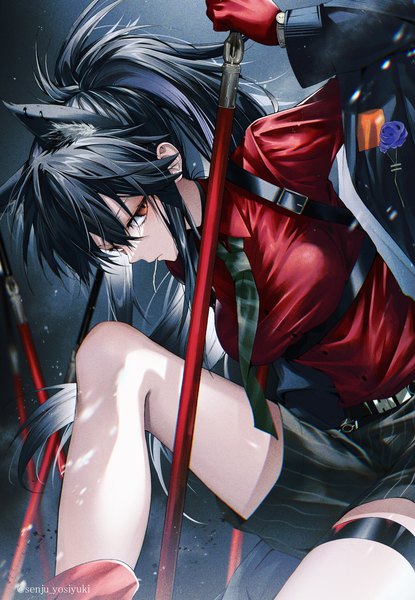 Anime picture 2472x3573 with arknights texas (arknights) texas (willpower) (arknights) senju yosiyuki single long hair tall image looking at viewer fringe highres black hair hair between eyes red eyes signed animal ears ponytail twitter username official alternate costume extra ears wolf ears