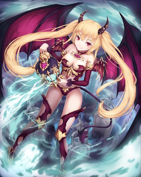 Anime picture 819x1024 with original h2o (dfo) single long hair tall image looking at viewer fringe light erotic blonde hair hair between eyes red eyes twintails holding payot tail long sleeves horn (horns) from above magic demon girl