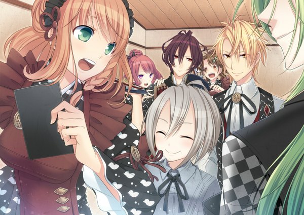 Anime picture 1500x1060 with amnesia idea factory heroine (amnesia) shin (amnesia) toma (amnesia) ukyo (amnesia) orion (amnesia) sawa (amnesia) mine (amnesia) long hair blush short hair open mouth black hair blonde hair smile red eyes brown hair multiple girls green eyes