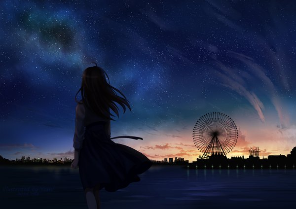 Anime picture 1600x1131 with original youzixiaoming single long hair standing signed cloud (clouds) ahoge outdoors from behind night night sky back city dated evening sunset cityscape city lights silhouette