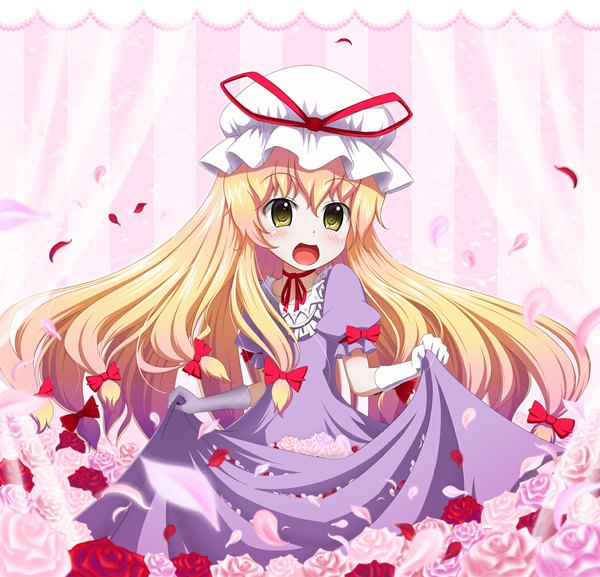 Anime picture 1167x1124 with touhou yakumo yukari mount whip single long hair open mouth blonde hair yellow eyes girl dress gloves flower (flowers) bow petals elbow gloves bonnet