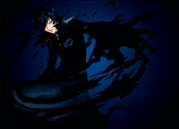 Anime picture 1456x1046 with code: breaker kinema citrus ogami rei single fringe short hair blue eyes blue hair looking away hair over one eye glowing boy cloak