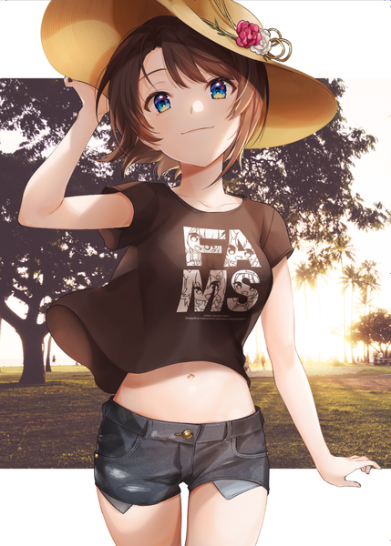 Anime picture 648x906 with virtual youtuber hololive oozora subaru nokachoco114 single tall image looking at viewer blush fringe short hair blue eyes smile brown hair standing white background sky outdoors sunlight midriff border