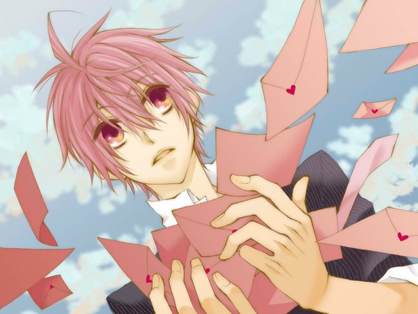 Anime picture 1024x768 with vocaloid vy2 66 (roro) tagme (artist) single highres short hair open mouth red eyes pink hair sky cloud (clouds) boy necktie letter love letter