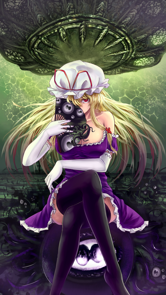 Anime picture 1407x2500 with touhou yakumo yukari qq3099wind single long hair tall image blonde hair red eyes bare shoulders crossed legs eyes girl thighhighs dress gloves black thighhighs elbow gloves bonnet fan