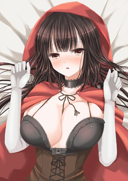 Anime picture 707x1000 with original hiroharu single long hair tall image blush breasts open mouth light erotic black hair large breasts brown eyes girl gloves elbow gloves