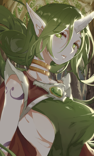 Anime picture 600x1000 with league of legends soraka (league of legends) dryad soraka esu (esscarlet) single long hair tall image looking at viewer fringe breasts light erotic large breasts green eyes horn (horns) green hair pointy ears no bra tattoo sleeveless girl