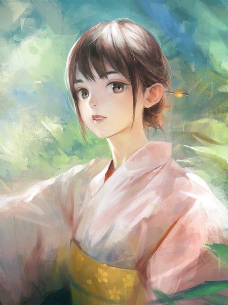 Anime picture 1439x1920 with original arata yokoyama single tall image looking at viewer fringe brown hair outdoors traditional clothes parted lips japanese clothes lips grey eyes eyebrows girl hair ornament kimono hairpin (hairpins)