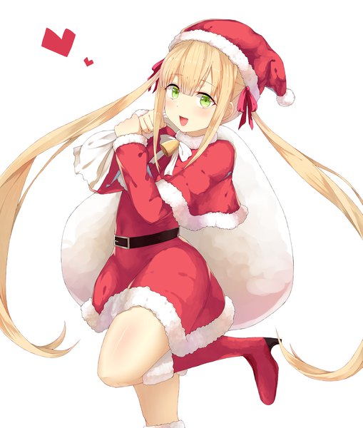 Anime picture 2800x3300 with shadowverse luna (shadowverse) yamato (muchuu paradigm) single long hair tall image looking at viewer highres open mouth simple background blonde hair white background twintails green eyes long sleeves :d fur trim christmas bell collar girl