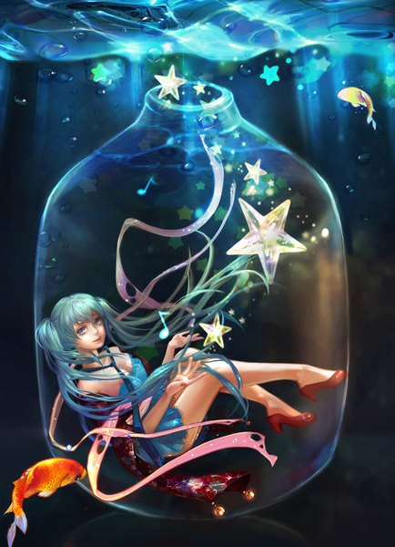 Anime picture 1417x1958 with vocaloid hatsune miku 2966441886 (artist) single tall image looking at viewer twintails very long hair aqua eyes aqua hair legs underwater girl dress animal necktie shoes star (symbol) bubble (bubbles) fish (fishes)