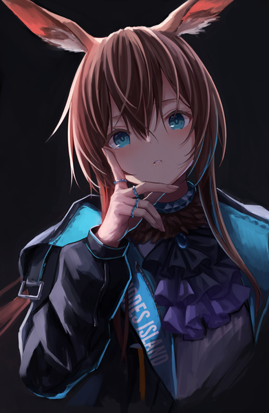 Anime picture 1099x1684 with arknights amiya (arknights) kinome noi single long hair tall image looking at viewer fringe blue eyes simple background hair between eyes brown hair animal ears payot upper body parted lips multicolored hair two-tone hair bunny ears streaked hair