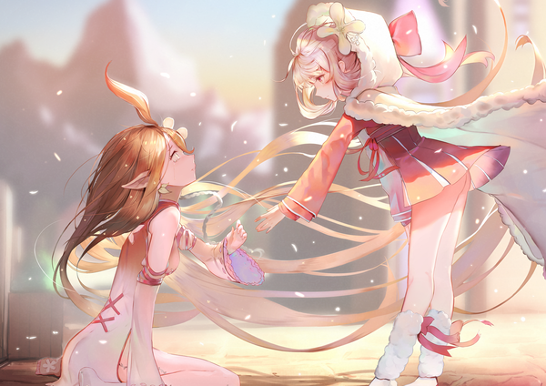 Anime picture 2047x1447 with food fantasy cold rice shrimp (food fantasy) jiuniang (food fantasy) isaka wasabi long hair blush highres light erotic red eyes brown hair standing sitting multiple girls yellow eyes pink hair outdoors ass very long hair profile hair flower