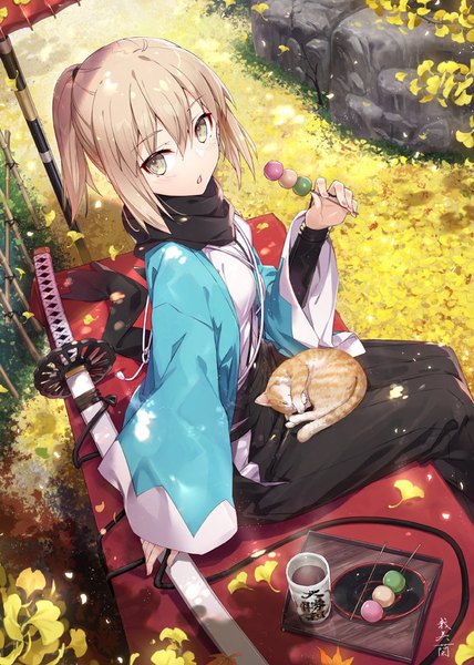 Anime picture 713x1000 with fate (series) fate/grand order okita souji (fate) (all) okita souji (koha-ace) gabiran single tall image looking at viewer blush fringe short hair breasts open mouth blonde hair hair between eyes sitting holding brown eyes signed payot