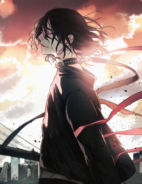 Anime picture 769x1000 with original saito yukihiro single tall image fringe short hair black hair hair between eyes standing sky cloud (clouds) upper body outdoors eyes closed profile wind sunlight blood on face boy blood