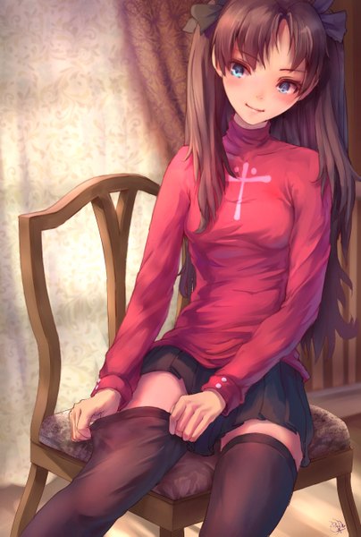 Anime picture 936x1387 with fate (series) fate/stay night type-moon toosaka rin jay xu single long hair tall image looking at viewer blush fringe blue eyes smile brown hair sitting twintails bent knee (knees) pleated skirt adjusting clothes adjusting legwear