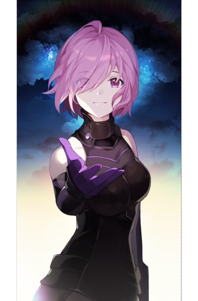 Anime picture 600x908 with fate (series) fate/grand order mash kyrielight puchipu single tall image looking at viewer fringe short hair purple eyes bare shoulders purple hair upper body hair over one eye outstretched hand pillarboxed girl