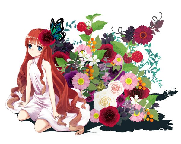 Anime picture 1500x1200 with original lakuhito single long hair looking at viewer blue eyes simple background white background sitting red hair hair flower wavy hair girl dress hair ornament flower (flowers) food rose (roses) leaf (leaves) insect