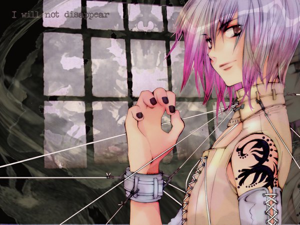 Anime picture 1024x768 with loveless j.c. staff aoyagi ritsuka single looking at viewer short hair bare shoulders brown eyes pink hair profile light smile inscription tattoo angel girl detached sleeves window collar wristlet rope
