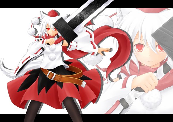 Anime picture 1542x1087 with touhou inubashiri momiji baia single looking at viewer short hair red eyes animal ears white hair animal tail wolf ears wolf tail girl dress weapon hat detached sleeves sword belt pom pom (clothes)