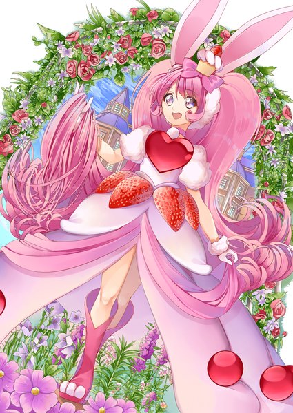 Anime picture 1432x2023 with precure kirakira precure a la mode toei animation usami ichika cure whip cure whip (a la mode style) yuutarou (fukiiincho) single tall image open mouth twintails animal ears looking away pink hair full body very long hair :d pink eyes bunny ears magical girl