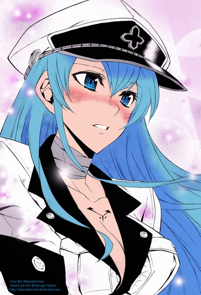 Anime picture 1091x1600 with akame ga kill! white fox esdeath single long hair tall image blush breasts blue eyes looking away cleavage girl uniform peaked cap