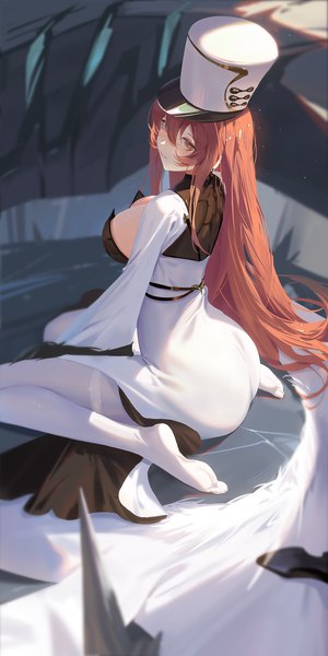 Anime picture 900x1800 with azur lane volga (azur lane) dongfangzhong111 single long hair tall image fringe breasts light erotic hair between eyes brown hair large breasts sitting brown eyes looking away bent knee (knees) from above light smile blurry wariza