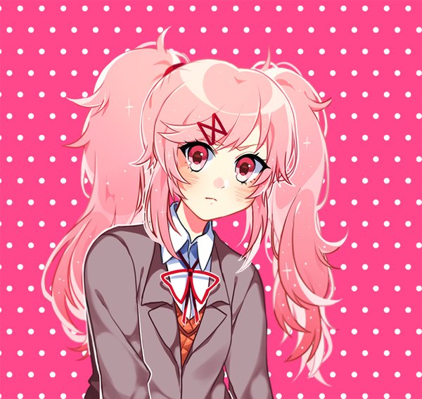 Anime picture 900x851 with doki doki literature club natsuki (doki doki literature club) savi (byakushimc) single long hair looking at viewer blush fringe simple background twintails payot pink hair upper body long sleeves pink eyes pink background alternate hairstyle polka dot polka dot background alternate hair length
