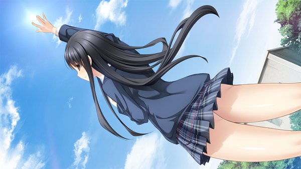 Anime picture 1280x720 with kiss ato natsume azusa mikoto akemi single long hair black hair wide image brown eyes game cg sky cloud (clouds) girl skirt uniform school uniform