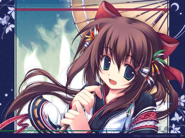 Anime picture 1600x1200 with original nagomi single long hair looking at viewer fringe open mouth hair between eyes brown hair green eyes signed :d scan inscription wallpaper girl hair ornament bow hair bow umbrella