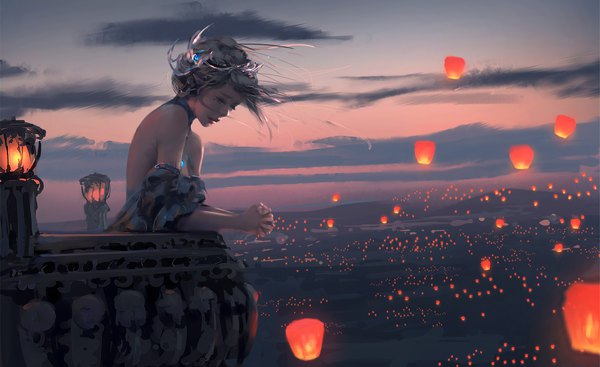 Anime picture 10783x6600 with ghost blade yan (ghost blade) wlop single highres short hair blue eyes wide image bare shoulders looking away absurdres sky silver hair from above wind night mole hair bun (hair buns) night sky mole under eye