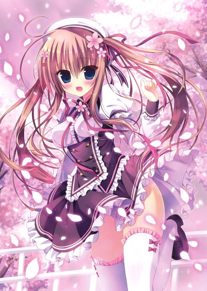 Anime picture 2489x3500 with original hasune single long hair tall image looking at viewer blush highres open mouth blue eyes light erotic brown hair twintails scan official art cherry blossoms girl thighhighs dress ribbon (ribbons)