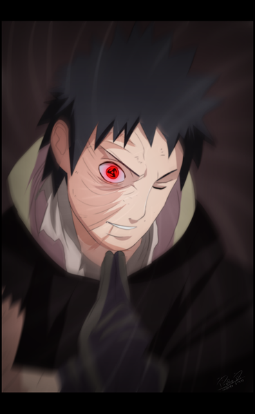 Anime picture 1000x1626 with naruto studio pierrot naruto (series) uchiha obito tobi galletoconk single tall image short hair black hair red eyes light smile coloring akatsuki sharingan boy gloves cloak