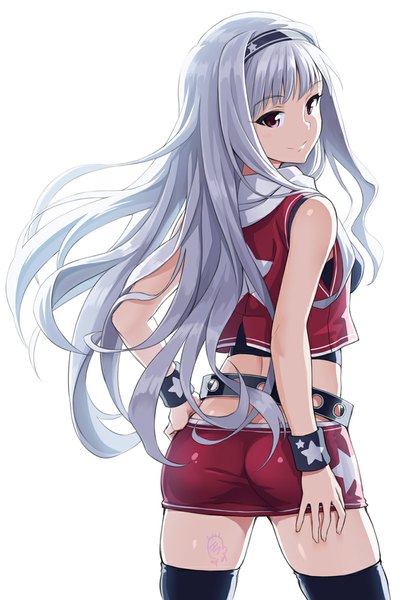 Anime picture 700x1000 with idolmaster shijou takane mofu single long hair tall image looking at viewer simple background smile white background brown eyes silver hair ass looking back tattoo turning head girl thighhighs skirt black thighhighs